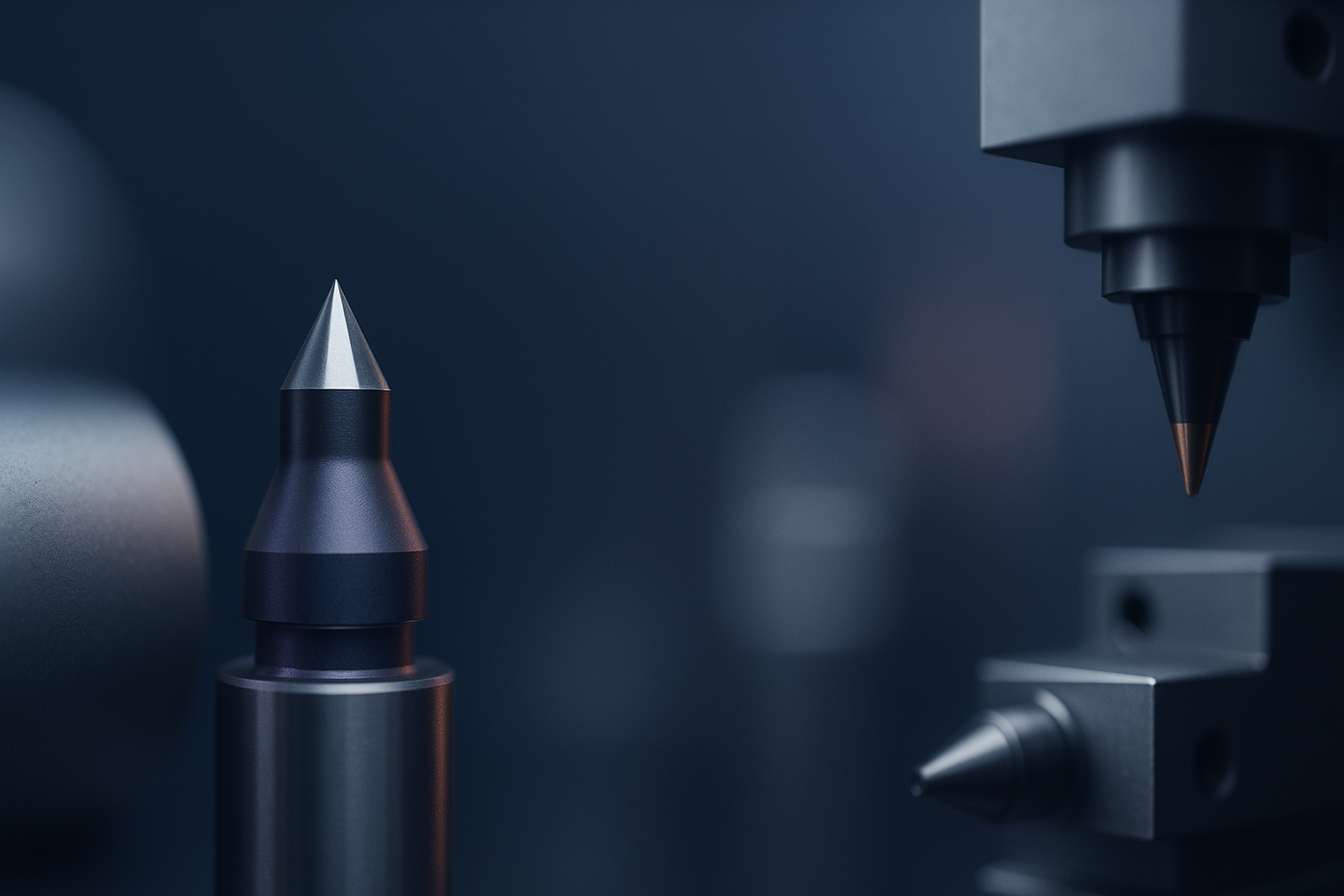 Create a wide highresolution background banner for a professional manufacturing company The style should be clean modern and realistic with a calm composition and no people or text Use a deep navy blue base with accents of soft grey metallic silver a-1
