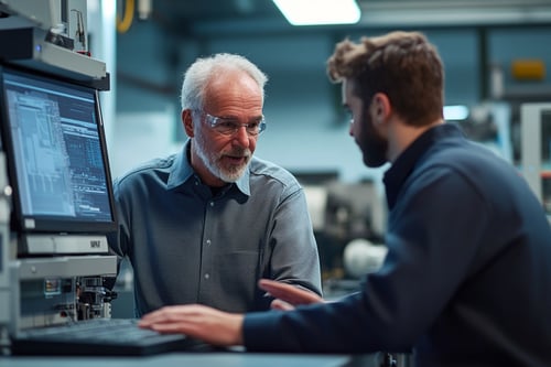 Een oudere man met grijs haar geeft een uitleg aan een jongere man aan een computer